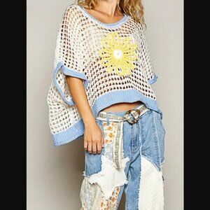 Crochet Top with Sky Blue Trim & Yellow Flower Design NEW